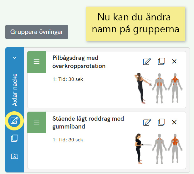 Nu kan du ändra namn på grupperna i träningsprogrammen.