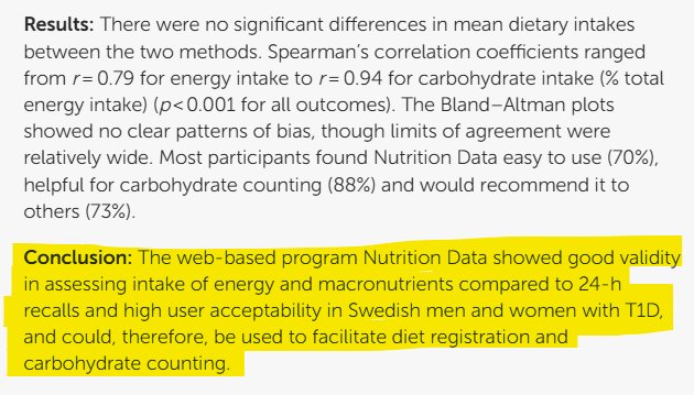 Conclusion: The web-based program Nutrition Data showed good validity in assessing intake of energy and macronutrients compared to 24-h recalls and high user acceptability in Swedish men and women with T1D, and could, therefore, be used to facilitate diet registration and carbohydrate counting.