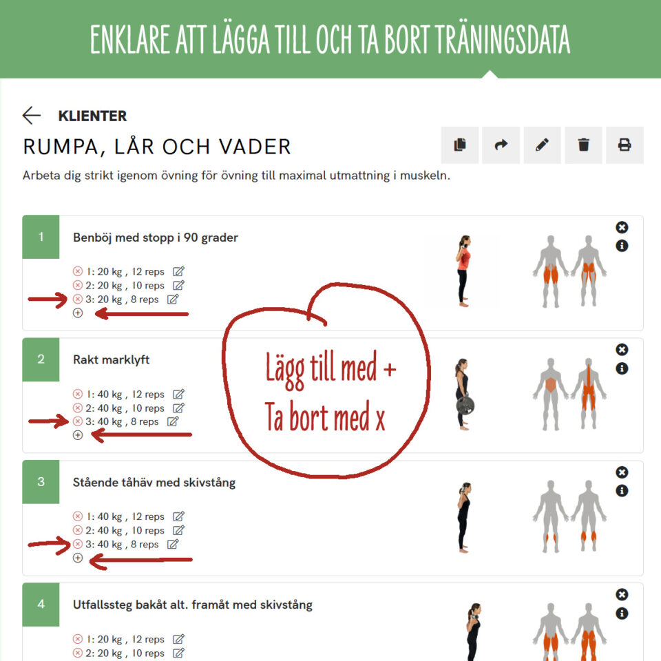Du kan lägga till set genom att använda + och ta bort set genom att klicka på x