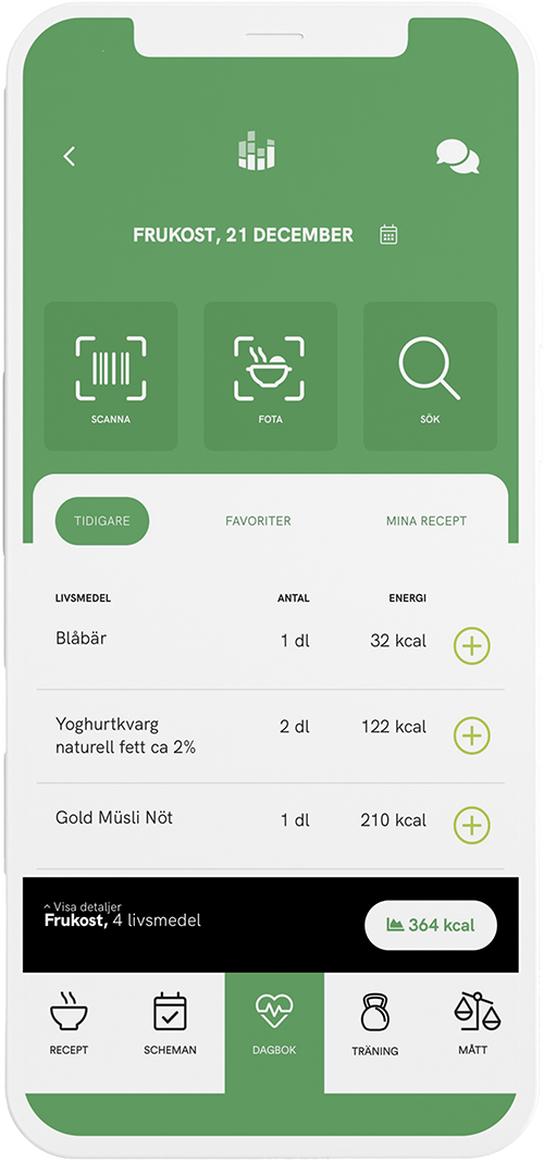 Klienten kan registrera sina måltider i kostdagboken med hjälp av scanning eller textsökning.