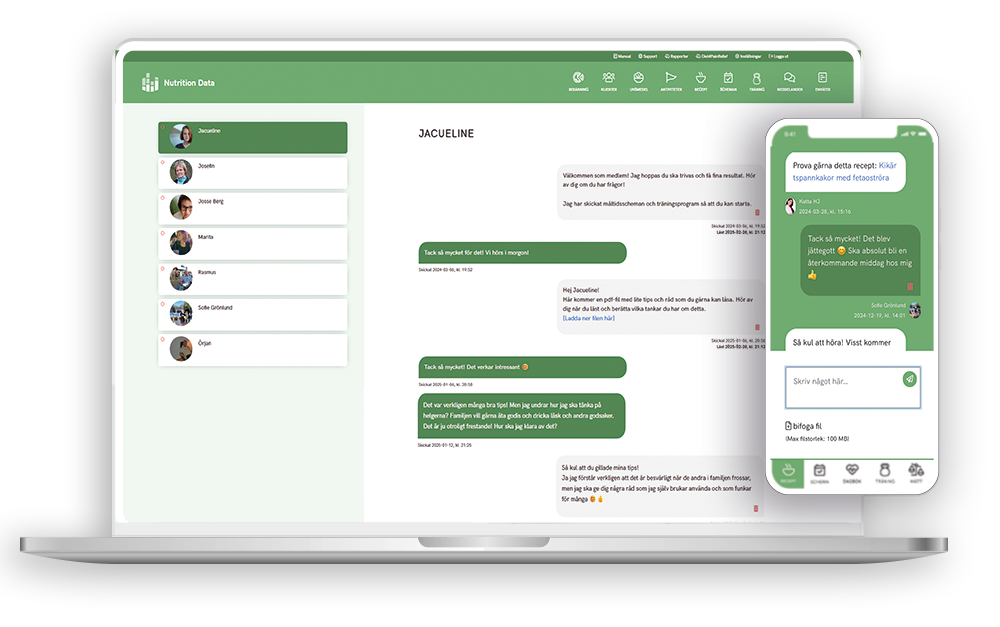 Coacha med meddelanden, filer och videos Coachingverktyget i Nutrition Data ger möjlighet att kommunicera med klienten med hjälp av meddelanden, filer och videos.
