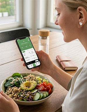 Kvinna kostregistrerar med Nutrition Datas app Kvinna registrerar sin mat med hjälp av Nutrition Datas app.