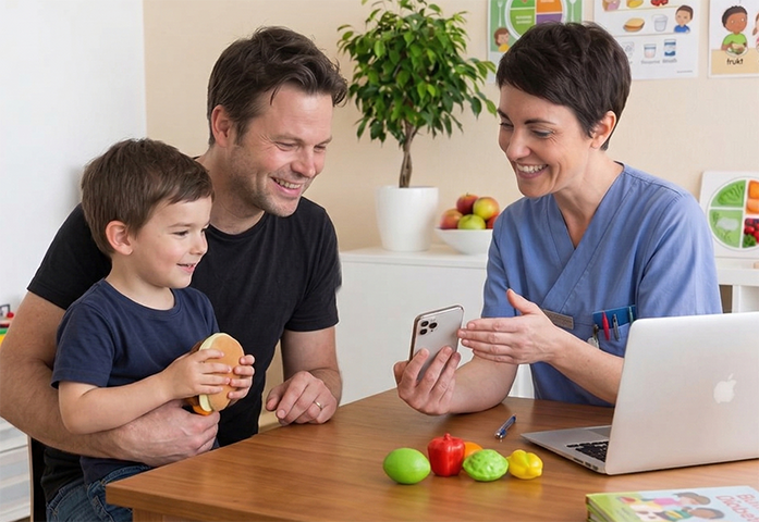 Dietist ger råd åt pappa med en pojke som fått diabetes.