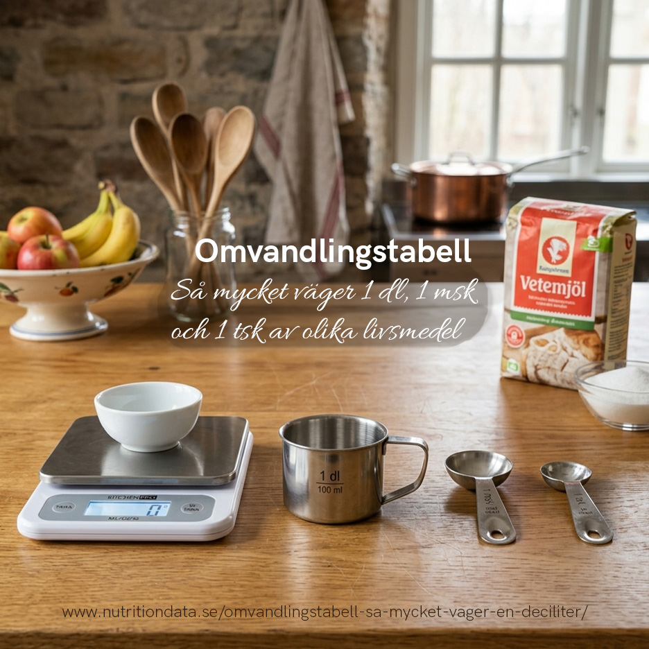 Omvandlingstabell – så mycket väger 1 dl, 1 msk och 1 tsk av olika livsmedel
