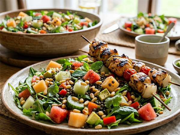 Sommarsallad med limedressing och grillade kycklingspett Sommarsallad med limedressing och grillade kycklingspett