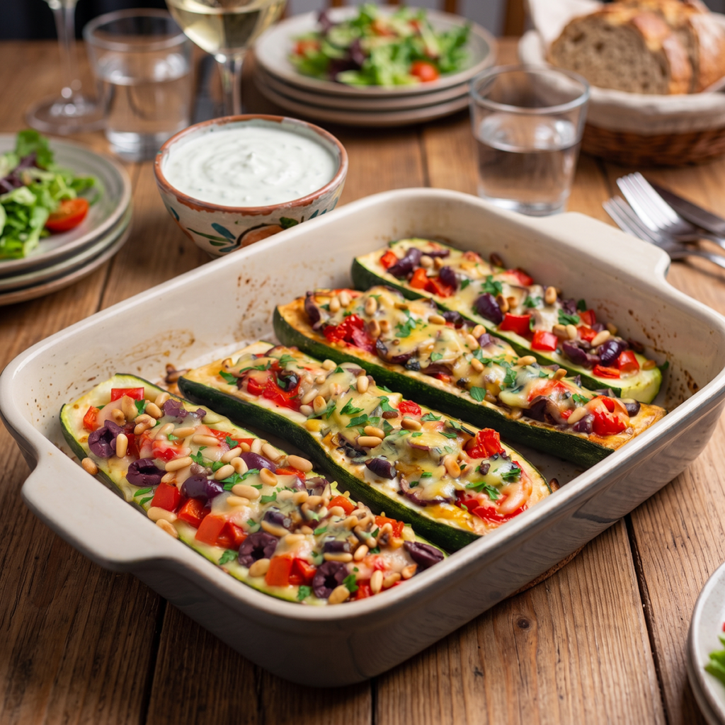 Recept på Zucchini med medelhavsfyllning och fetaosttzatziki